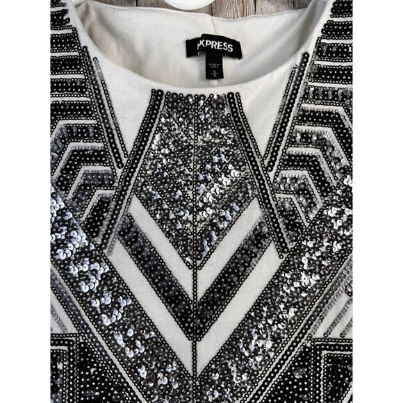 Express‎ Sheath Dress Womens S Black Silver Sequins Aztec Cap Sleeve Bodycon - Picture 3 of 12